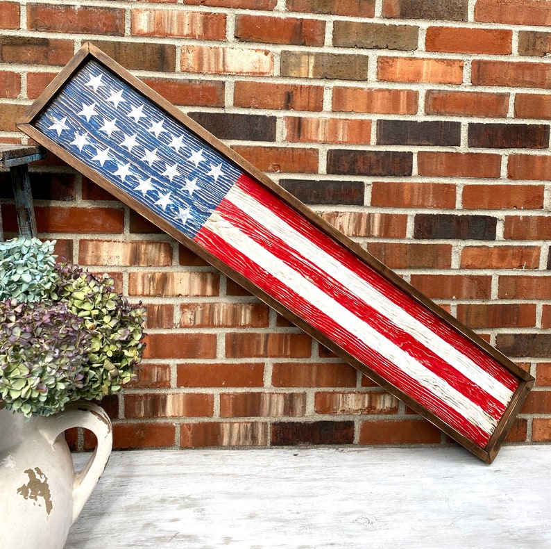 Wood American Flag, Rustic Framed USA Sign, Primitive Distressed Liberty Sign, Patriotic Decor, 4th of July 4ft Skinny Long Large Merica image 1