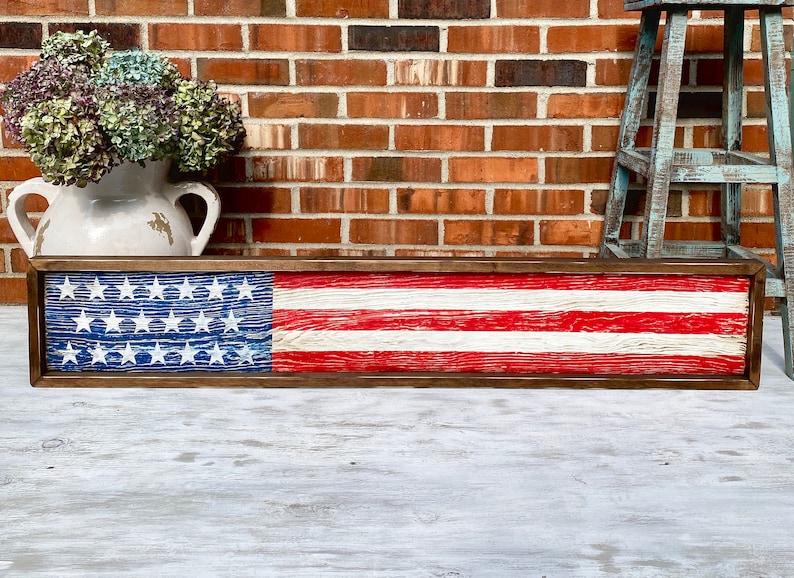 Wood American Flag, Rustic Framed USA Sign, Primitive Distressed Liberty Sign, Patriotic Decor, 4th of July 4ft Skinny Long Large Merica image 10