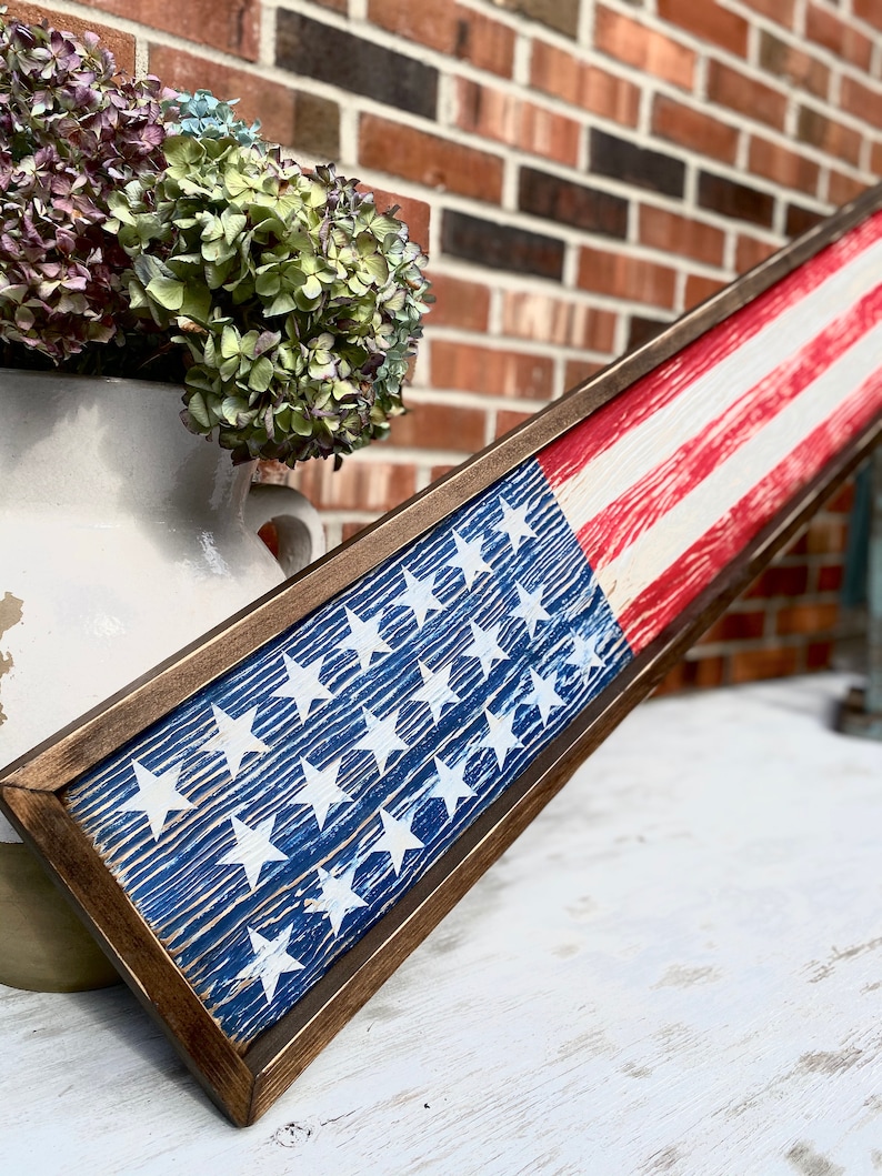 Wood American Flag, Rustic Framed USA Sign, Primitive Distressed Liberty Sign, Patriotic Decor, 4th of July 4ft Skinny Long Large Merica image 8