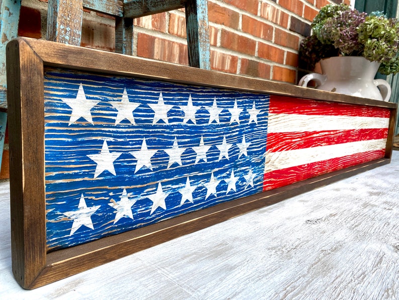 Wood American Flag, Rustic Framed USA Sign, Primitive Distressed Liberty Sign, Patriotic Decor, 4th of July 4ft Skinny Long Large Merica image 4