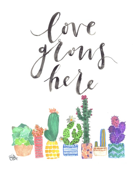 Download Love Grows Here cactus watercolor quote | Etsy