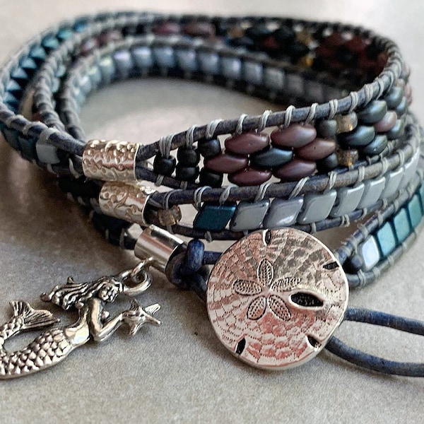 3 Wrap Leather Bracelet with handwoven Blue, Gray, Ashen Gray Duos separated by Sterling Tubes with Mermaid Charm & Silver Dollar Button