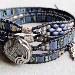 3 Wrap Bracelet of hand woven beads in colors of Midnight Blues, Silver Amethyst & Black with Sterling Silver Tubes, Charm and Czech Button