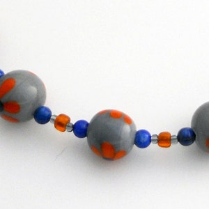 Handcrafted Gray Rounds with hand painted Orange Flowers and  Orange Glass Beads from Indonesia, Lapis Rounds and Gray Seed Beads Necklace