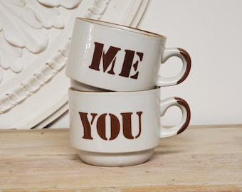 Vintage ME & YOU Mugs, taupe glaze with brown graphic lettering, Pop art