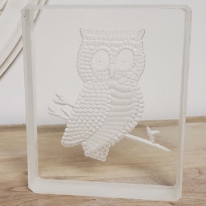 Vintage carved lucite owl sculpture, mid century, paperweight, desk accessories, bookend acrylic art