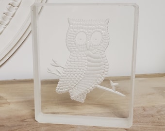 Vintage carved lucite owl sculpture, mid century, paperweight, desk accessories, bookend acrylic art