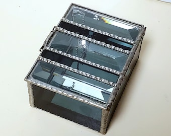 Stained glass Jewelry box - small dresser chest, cut and leaded glass detail, decorative smoked glass crystal
