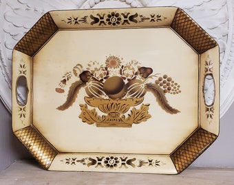 Antique Connecticut House tole painted bar tray - centerpiece, pressed steel hand painted serving tray