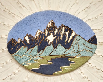 Mid century art pottery plate, gold finished, matte glazed, lava glaze, hanging wall art tray ceramic pottery platter mountain scene blue