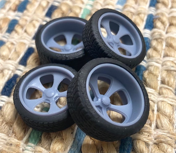 3D printed 21/20 scale inch American Racing Vector style wheels and tires for 1/24 1/25 model car Staggered offset and diameter