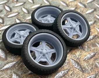 Ruedas y neumáticos 21/20 Billet Specialties “Speedway” impresos en 3D con un modelo de automóvil 1/24 1/25, desplazamiento escalonado.