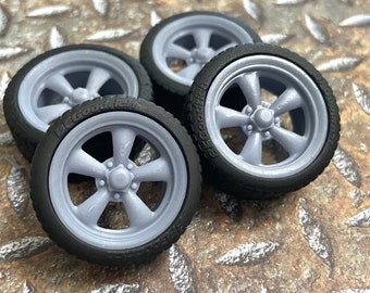 3D printed 21/20 scale inch “Torq Thrust II” style wheels and tires for 1/24 1/25 model car, Staggered offset and diameter