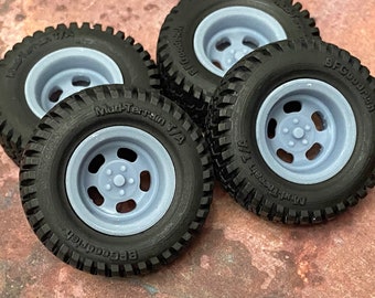 3D printed 18-Inch “Off Road 5 Slots” Wheels W/ Mud Tires; Jeep, Resin 1/25, 1/24