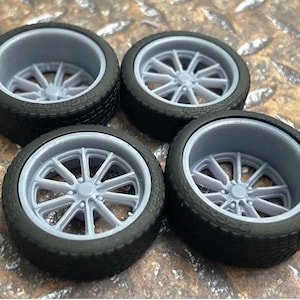 3D printed 21/20 scale inch “Rambler” style wheels and tires for 1/24 1/25 model car, Staggered offset and diameter