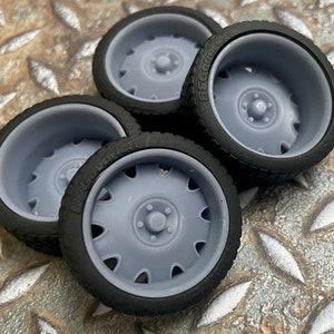 3D printed 21/20 scale inch Mopar style wheels and tires for 1/24 1/25 model car, Staggered offset, Challenger, Cuda, Duster