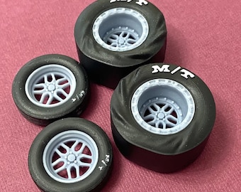 1/24 Scale: 17/15-inch “Weld Laguna” Wheels W/Wrinkled Drag Slicks; Resin, 3D print