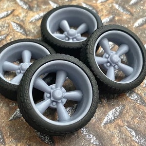 3D printed 21/20 scale inch Torq Thrust D style wheels and tires for 1/24 1/25 model car, Staggered offset and diameter