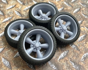 3D printed 21/20 scale inch Torq Thrust D style wheels and tires for 1/24 1/25 model car, Staggered offset and diameter