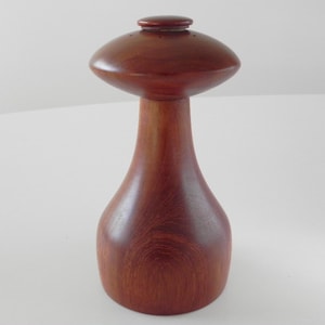 Może przedstawiać: Zestaw solniczki i pieprzniczki z drewna z górną częścią w kształcie grzyba. Solniczki są wykonane z czerwonobrązowego drewna i mają gładkie, polerowane wykończenie.