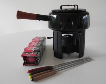 DANSK Kobenstyle Fondue Pot Pan Black w/ Warming Cast Iron Stand Quistgaard JHQ IHQ France Denmark 8-p. Set Rare Eames