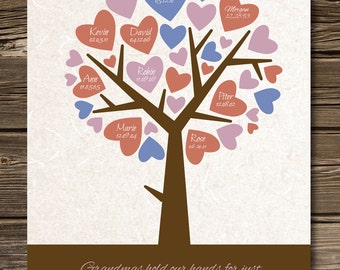 Gift for GRANDPARENTS Lavender hearts Family Tree Poster with grand Grandkids names 11"x14''