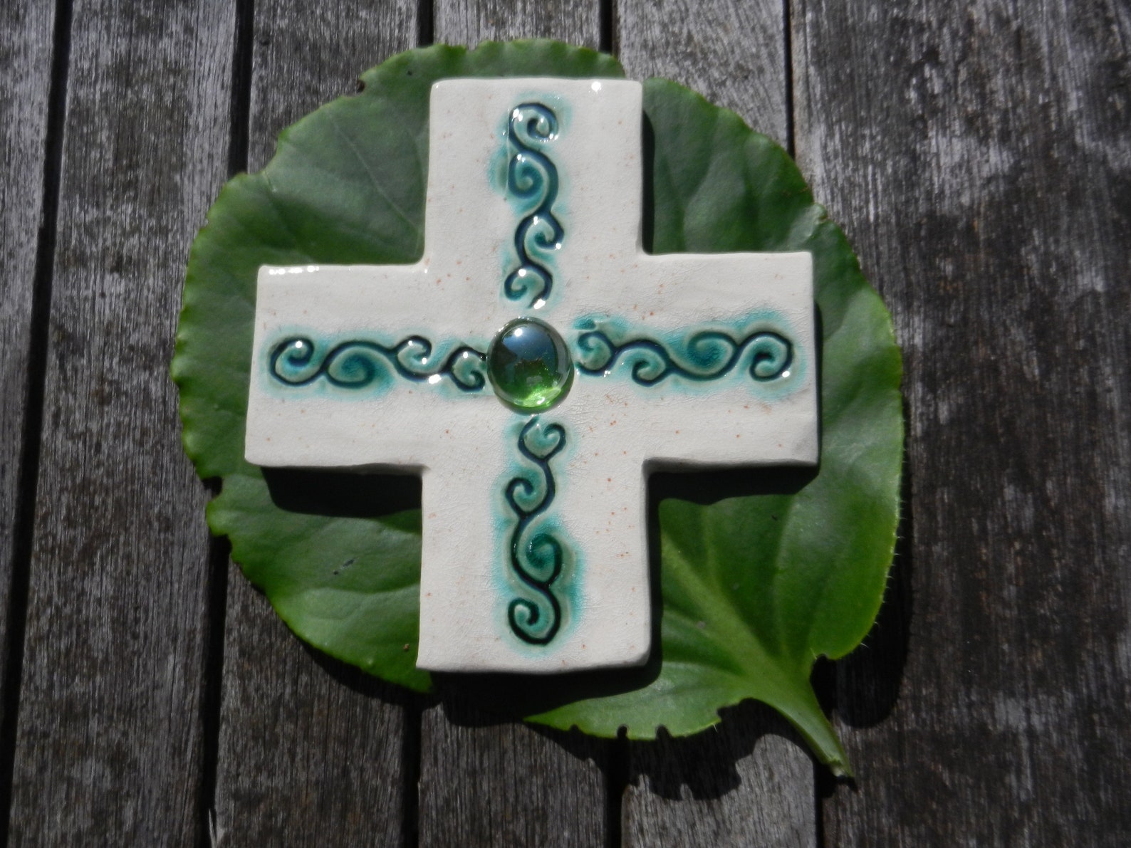 WALL HANGING White Glazed Ceramic Wall Cross With Green Etsy