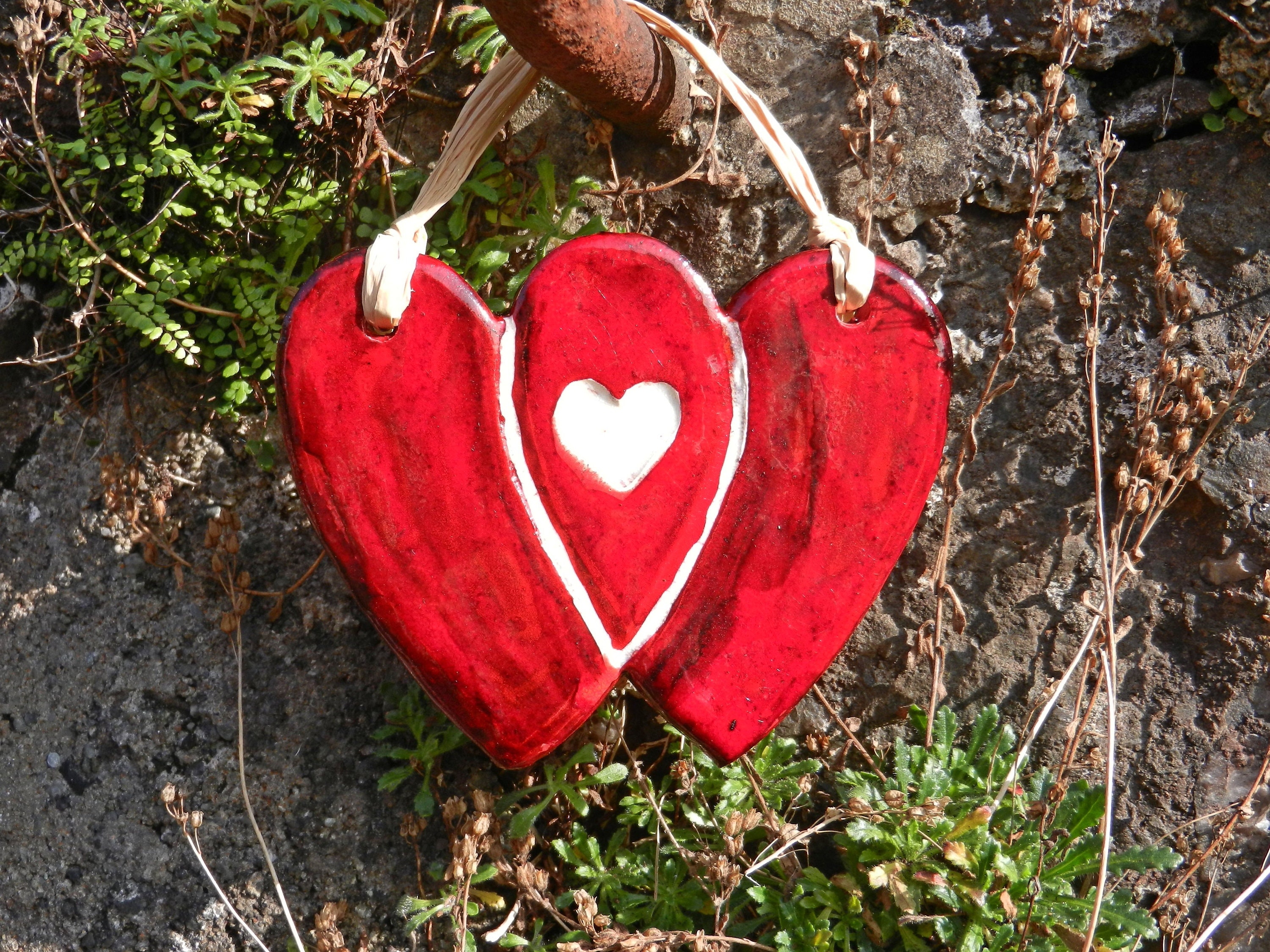 WALL HANGING Red Two Hearts In One Ceramic Wall Hanging Heart Etsy Canada