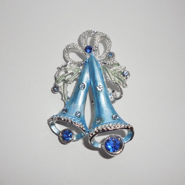 Vintage Blue Rhinestone Enamel Christmas Bells Brooch Pin