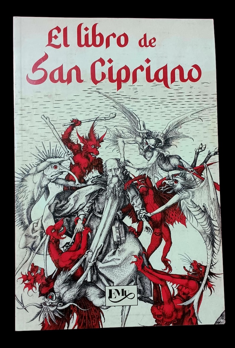May include: A vintage book titled "El libro de San Cipriano" with a detailed illustration. The cover features a central figure surrounded by red demons and winged creatures, with text in red. The book has a white background.