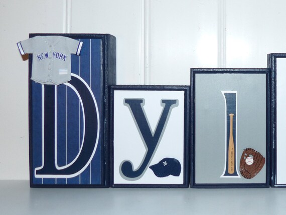 Sports Name Blocks Boy Bedroom Decor New York Yankees Blue Gray White Baseball Decor Baseball Nursery Decor Sports Letters
