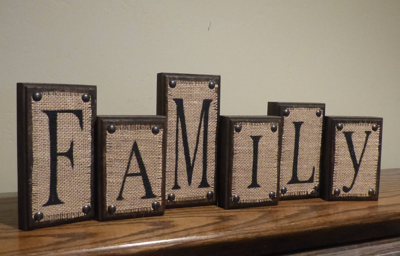 Home Decor Rustic Burlap Living Room Decor Name Block Letters Etsy