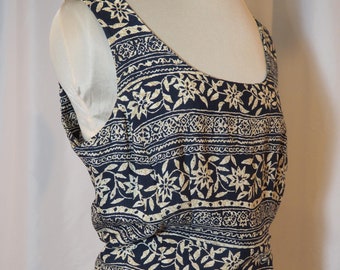 Vestido: Rayas azul marino y estampado floral tostado, talla 10, vintage