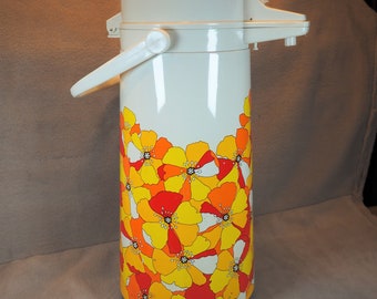 Vintage 1970s Floral Thermos: Yellow & Red Flower Beverage Server