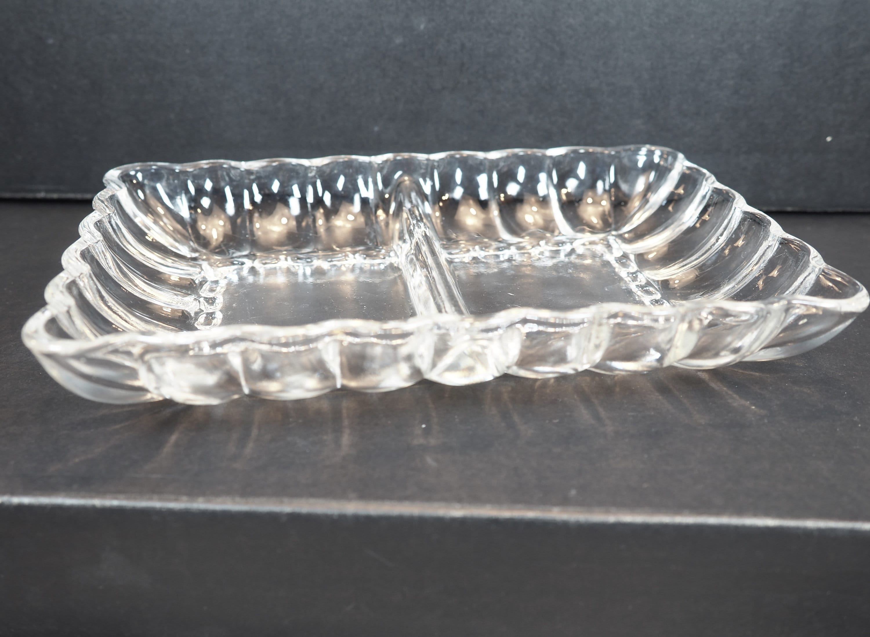 Cut Glass Shallow Dish, Two Compartment, Vintage