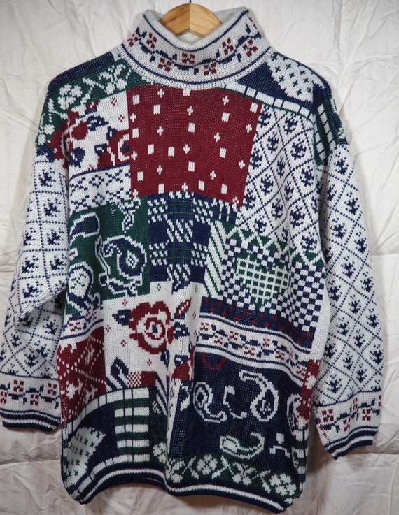 Pullover Sweater, Mock Turtleneck, Patchwork Prin… - image 1