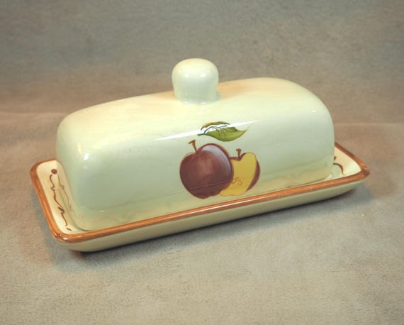 Butterdose: Apfeldesign, Großer Butterbehälter mit Deckel, Glasierte Keramik, Vintage