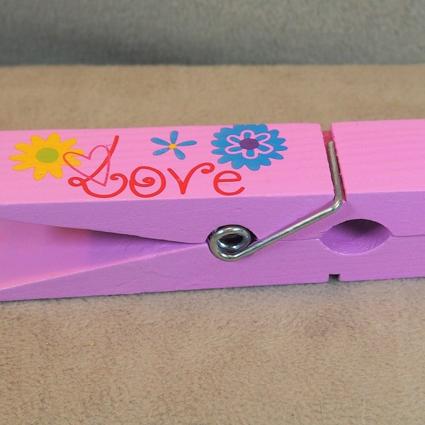 Giant Wood Clothespin / Clip, Retro 1960's Floral "Love" Design, Pink, Vintage 1990's