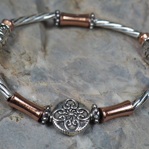 Celtic Stretch Bracelet: Antique Copper & Silver Metal Beads (7-7.25 inch)