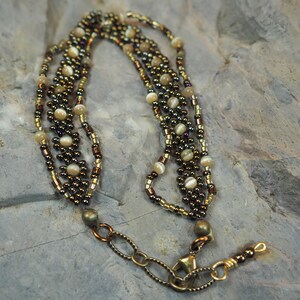 Bracelet Three Strand Hand Woven Beads Bronze and Antique Copper Colors Adjustable Length Triple Strand Bracelet