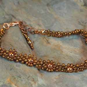 Bracelet Metallic Bronze and Copper Hand Woven Beads Adjustable 7 to 8 inches