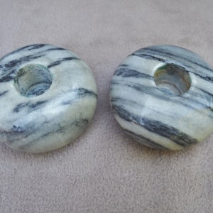 Set of 2 Marble Stone Candle Holders for Taper Candle Sticks, Light Gray & Black, Round, 2-1/2 inches wide, Vintage 1990-1992