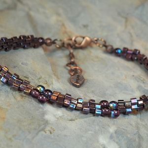 Hand Woven Beaded Bracelet: Plum & Antique Copper, Adjustable Length