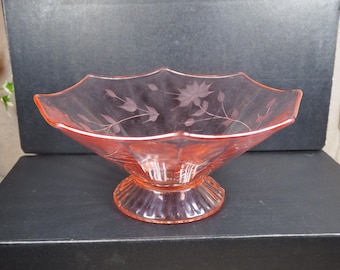 Glass Bowl with Pedestal, Pink Depression Glass, Vintage 1930s