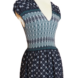 Dress - Stretchy Bodice, Navy Blue with Teal and White Print, Size Medium