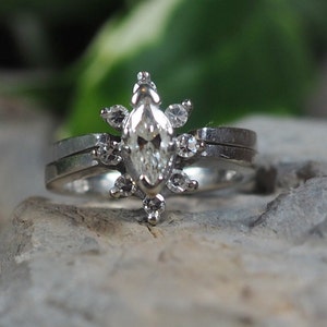 Vintage marquise geslepen diamanten ring: witgouden verlovingsset, maat 3-1/4