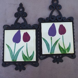Vintage Tulip Trivets: Iron & Ceramic Tile Wall Decor, Set of Two