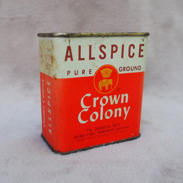 Vintage All Spice Container, 1966, Crown Colony from Safeway Stores, Collectible, Orange Metal Box Container, Spice Cupcake Recipe on Back