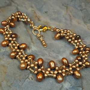 Handwoven Pearl Bead Bracelet: Gold Bronze Adjustable Jewelry