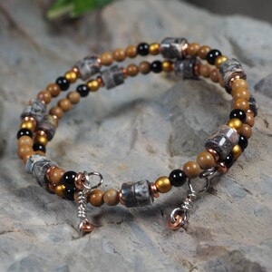 Bracelet Memory Wire Double Bangle Agate and Onyx Stones Brown Black Gray Copper 7 to 8 Inch